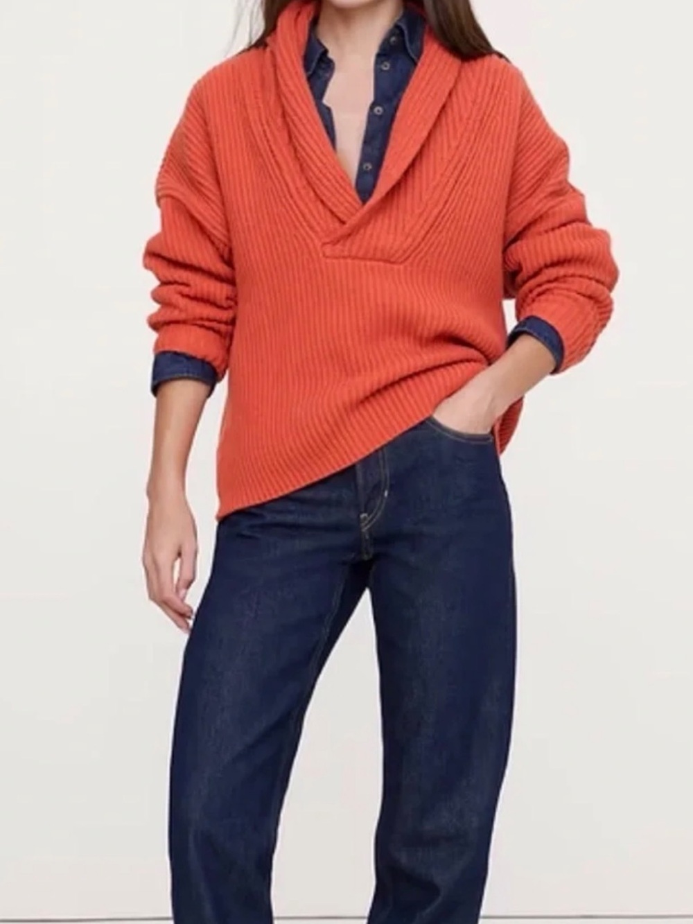 NWOT -Banana Republic Oversized Merino-Cotton High V-Neck / Shawl-Collar Sweater